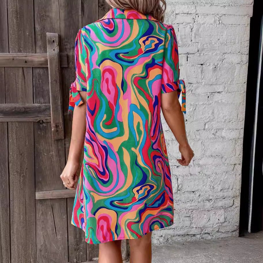 European And American Fluid Print Shirt Dress Half Sleeve Bow Casual