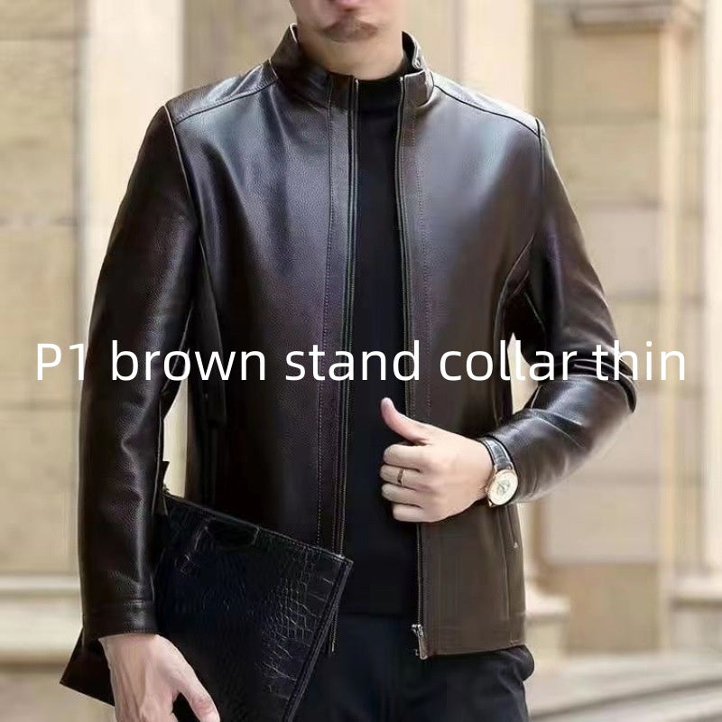 Leather Jacket For Middle-aged Men Leather Clothing With Stand Collar