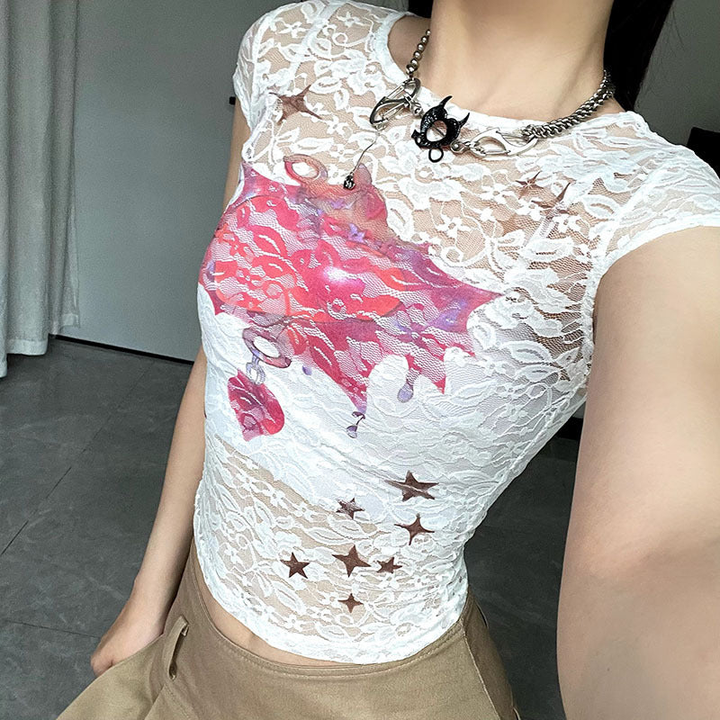 See-through Lace Printed Short Top For Women