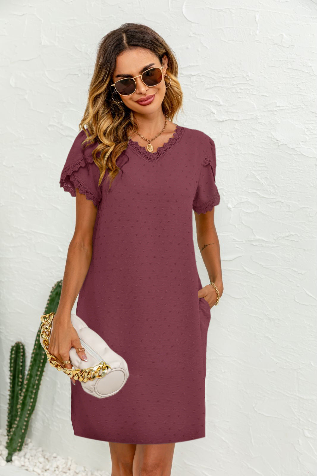 V-neck T-shirt Lace Petal Sleeve Pocket Dress