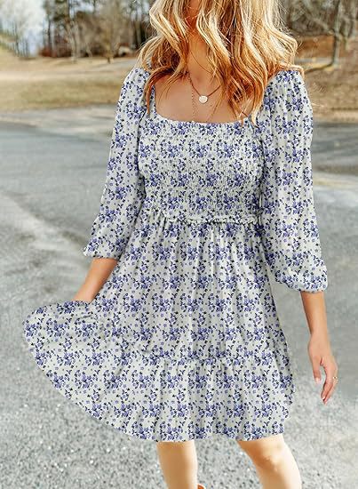 Women's Square Collar Pleating 34 Sleeve Printed Dress