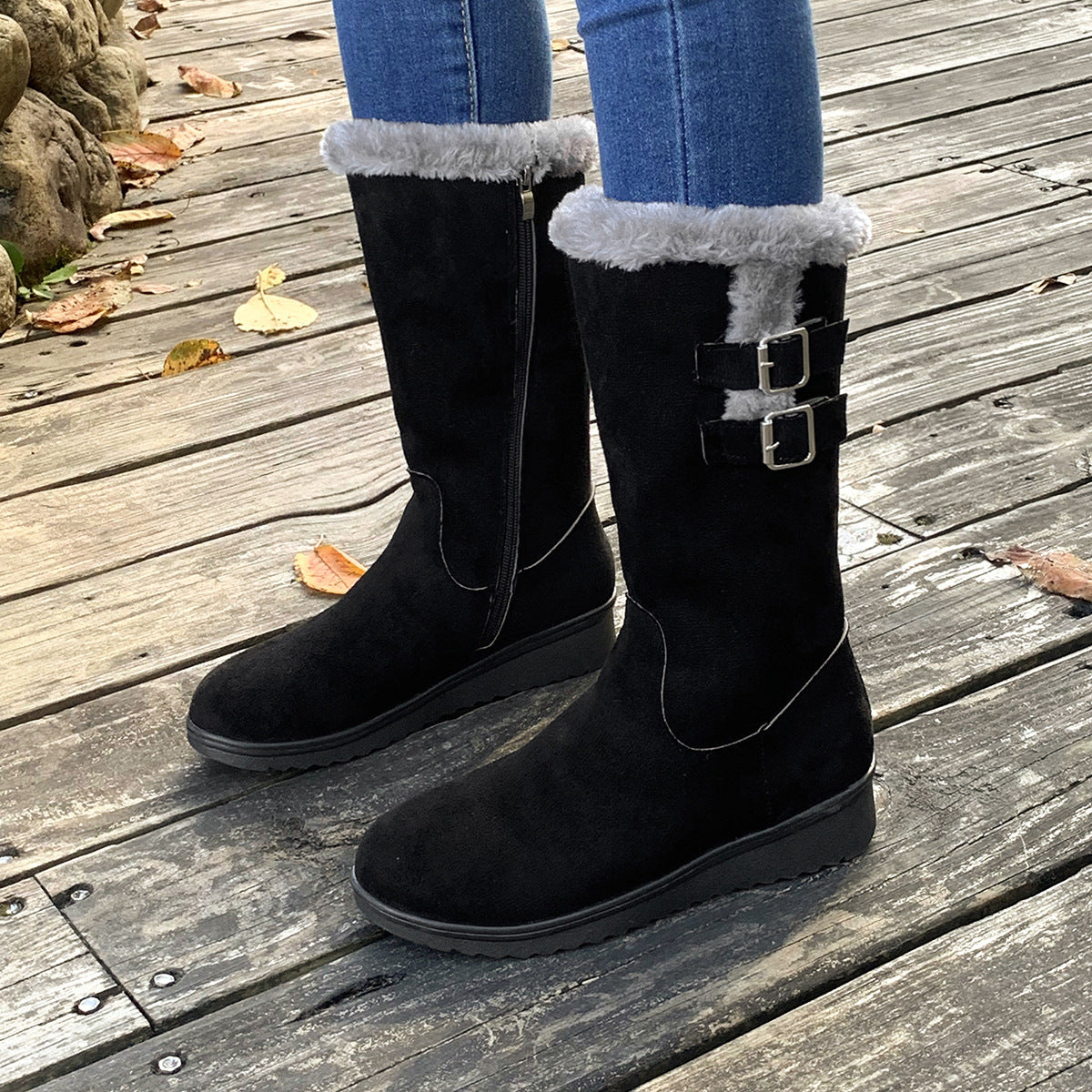 Fleece-lined Thick Mid-calf Martin Boots Wedge Heel