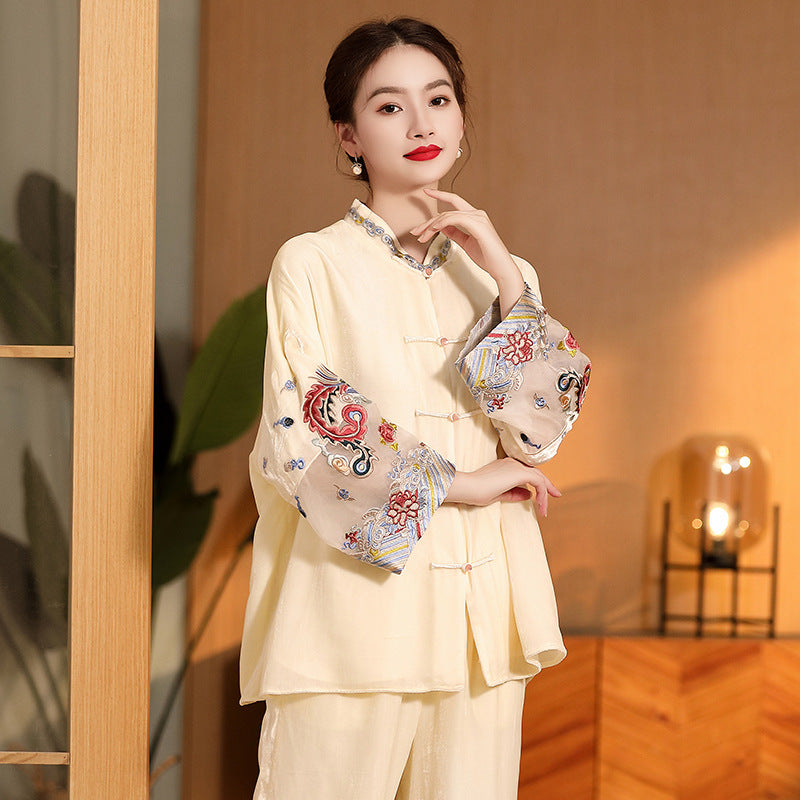 Embroidered Vintage Top Women's Stand Collar Improved Loose