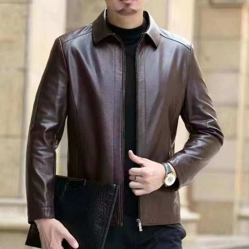 Leather Jacket For Middle-aged Men Leather Clothing With Stand Collar