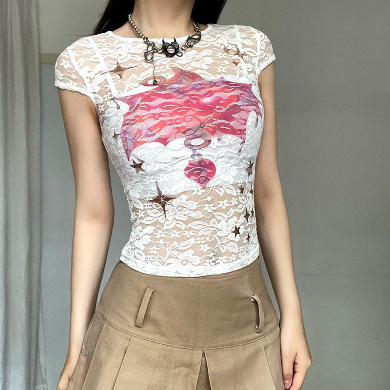 See-through Lace Printed Short Top For Women