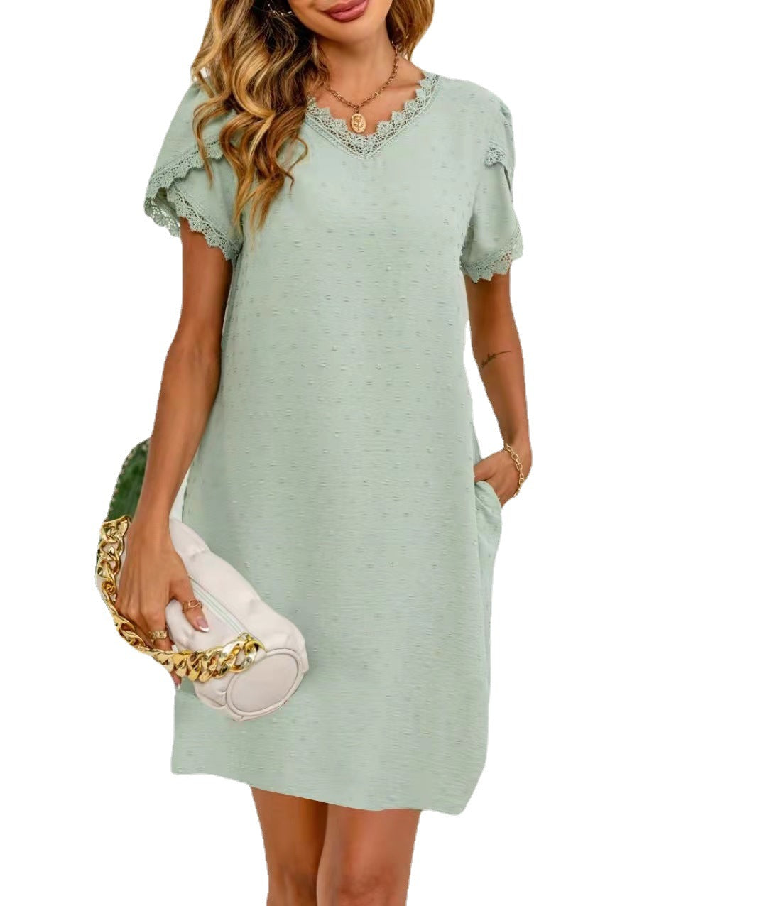 V-neck T-shirt Lace Petal Sleeve Pocket Dress