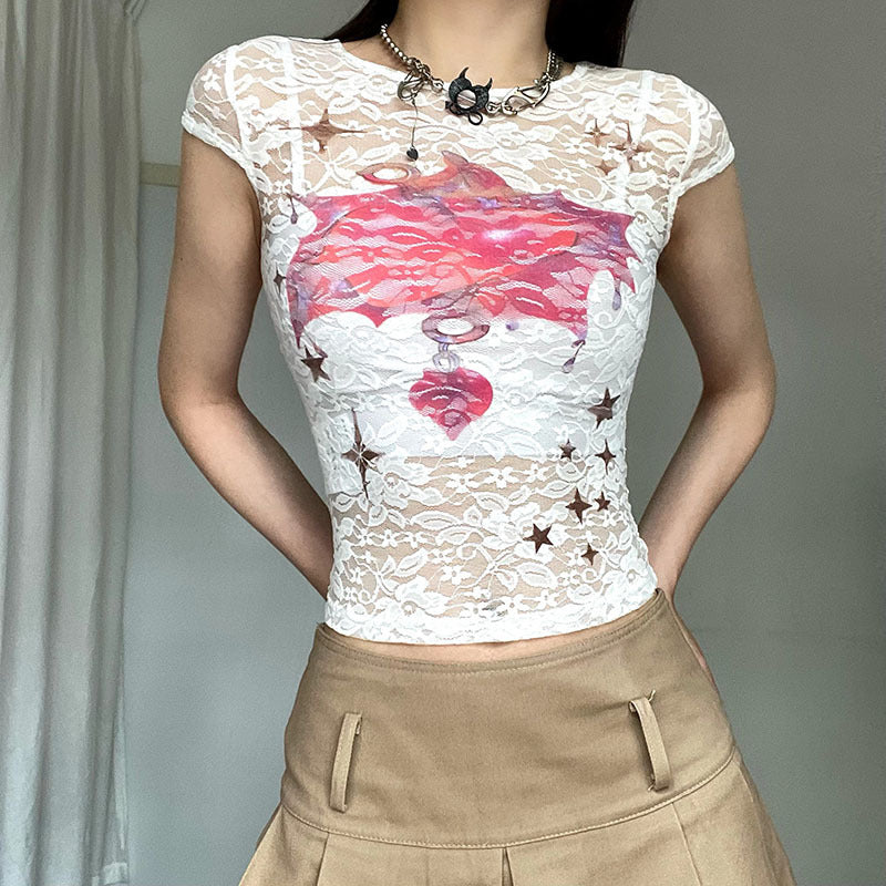 See-through Lace Printed Short Top For Women