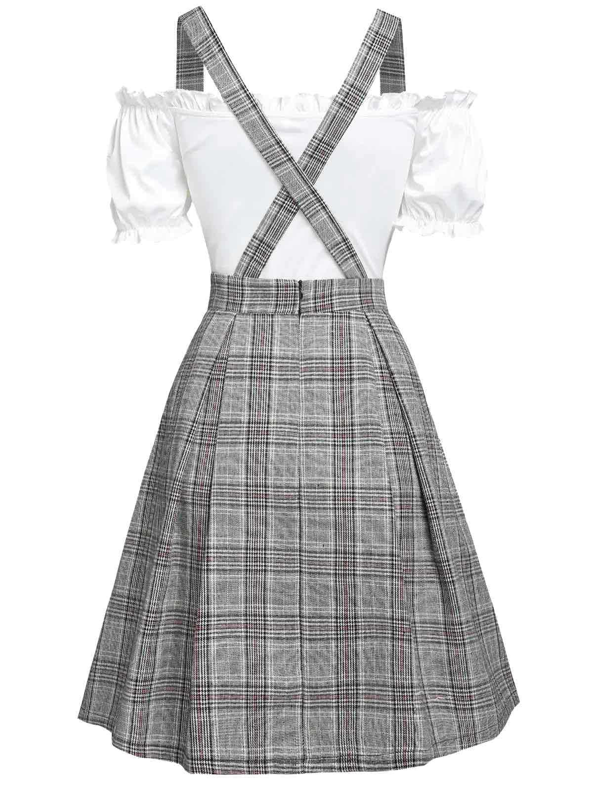 Mid-waist Check Overall Dress Pure Color Cotton T-shirt