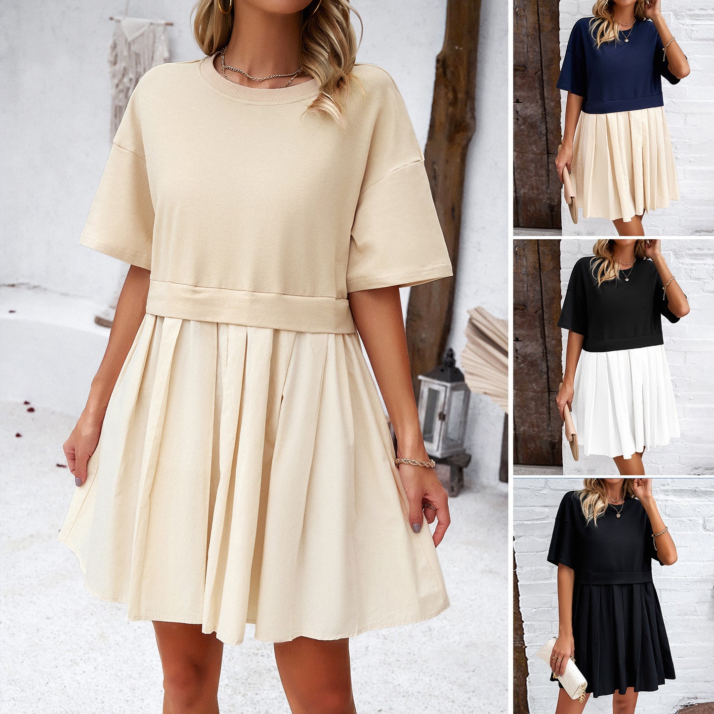 Women's Clothing Elegant Short Sleeve Stitching Dress