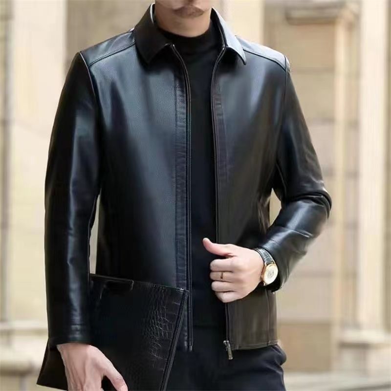 Leather Jacket For Middle-aged Men Leather Clothing With Stand Collar