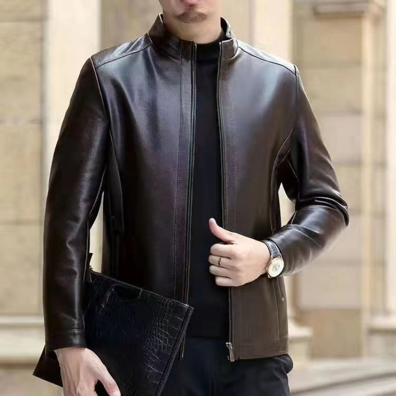 Leather Jacket For Middle-aged Men Leather Clothing With Stand Collar