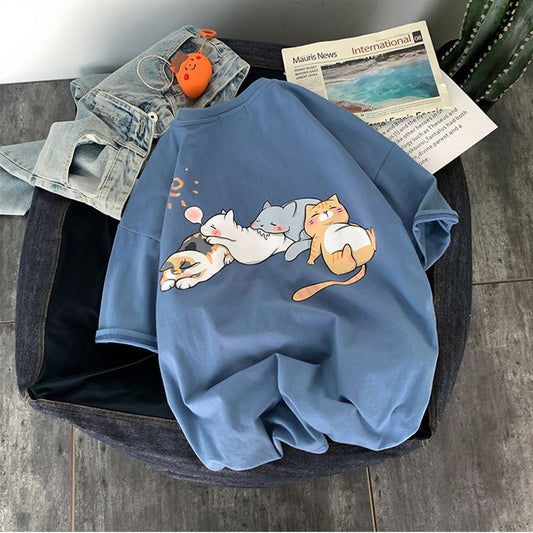 Men's Loose Casual Cat Printing Cotton Short-sleeved T-shirt