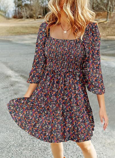 Women's Square Collar Pleating 34 Sleeve Printed Dress