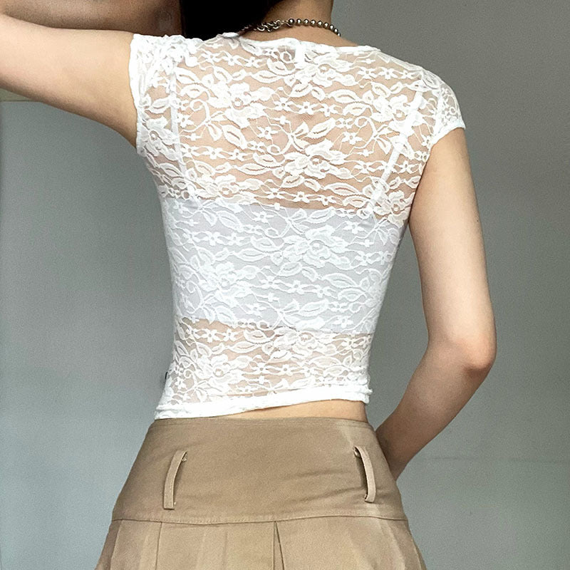 See-through Lace Printed Short Top For Women