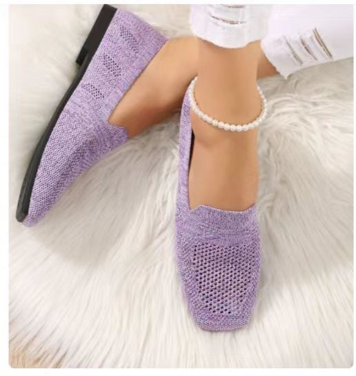 Square Toe Flat Bottom Flying Woven Pumps Female Slip-on Casual Shoes