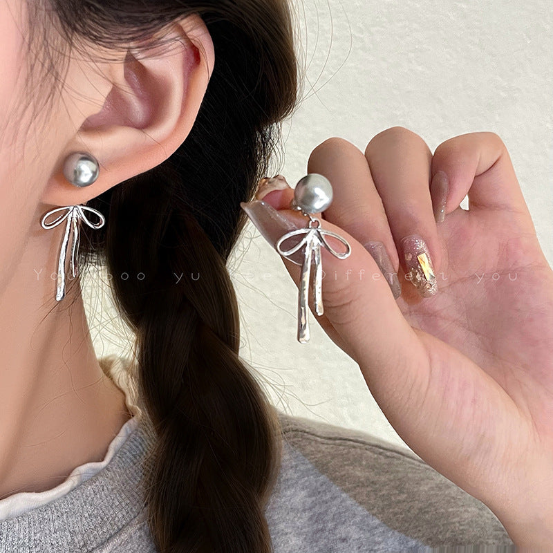 Silver Needle Niche Bow Earrings Female Pearl