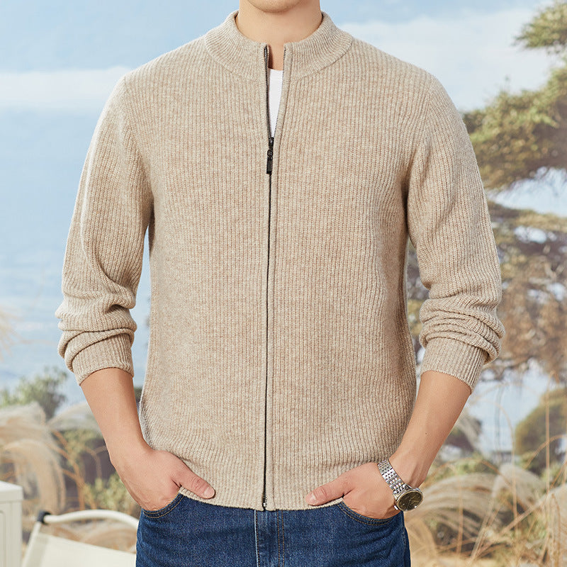 Casual Solid Color Stand Collar Zipper Knitted Cardigan