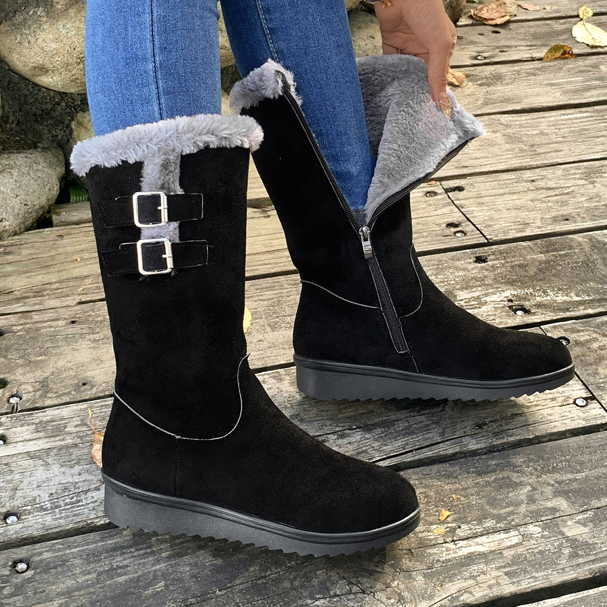 Fleece-lined Thick Mid-calf Martin Boots Wedge Heel