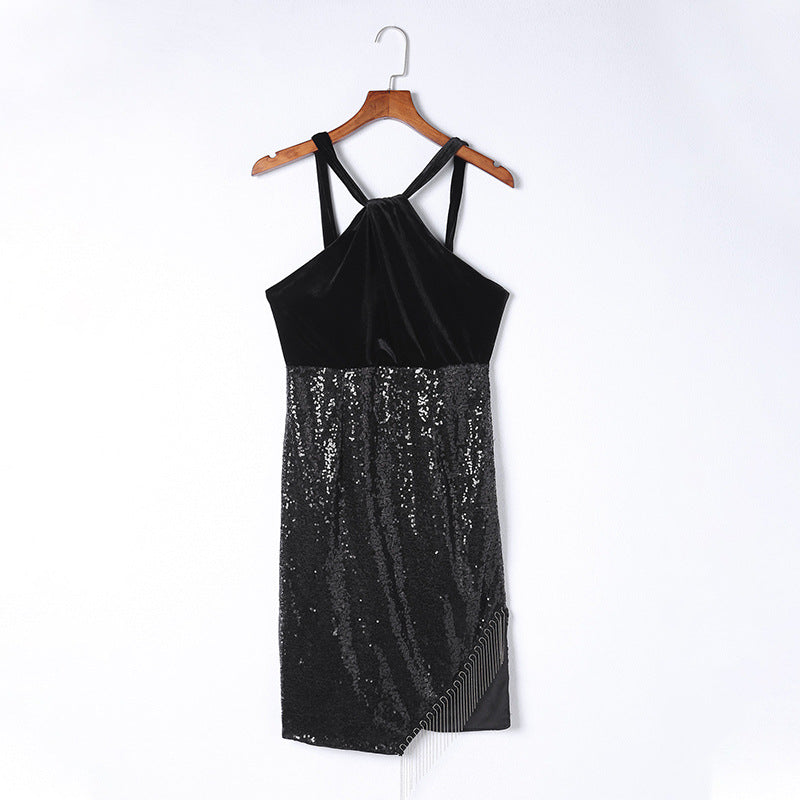 Women's Solid Color Waist Tight Slimming Sequined Tassel Sleeveless Dress