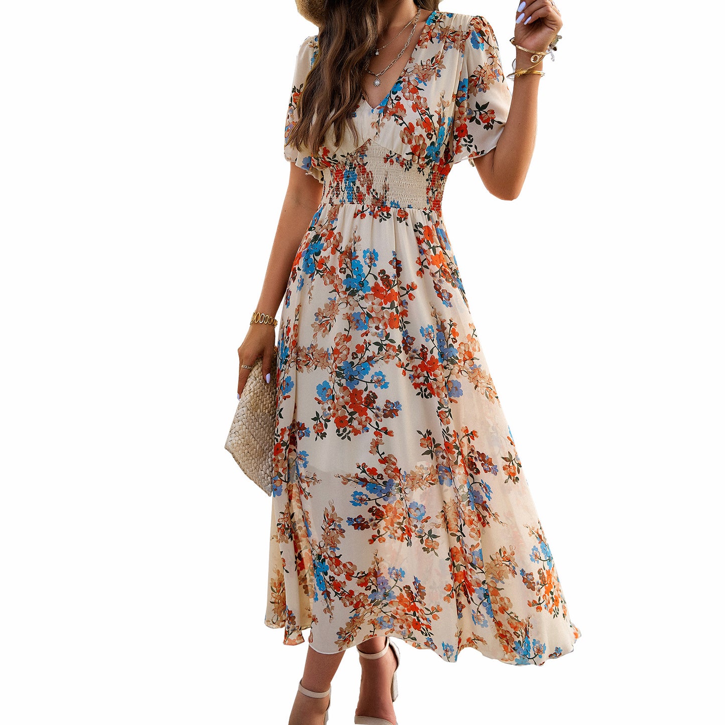 Women's Printed Waist-controlled Short Sleeve Dress