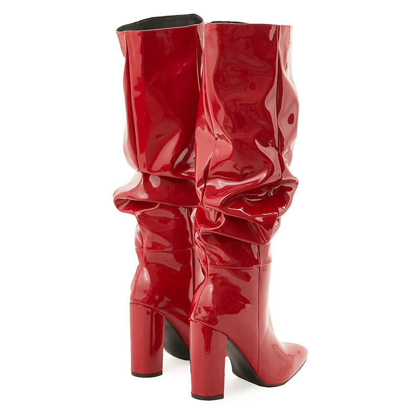 Women's Pointed Toe Chunky Heel Patent Leather Middle Boots