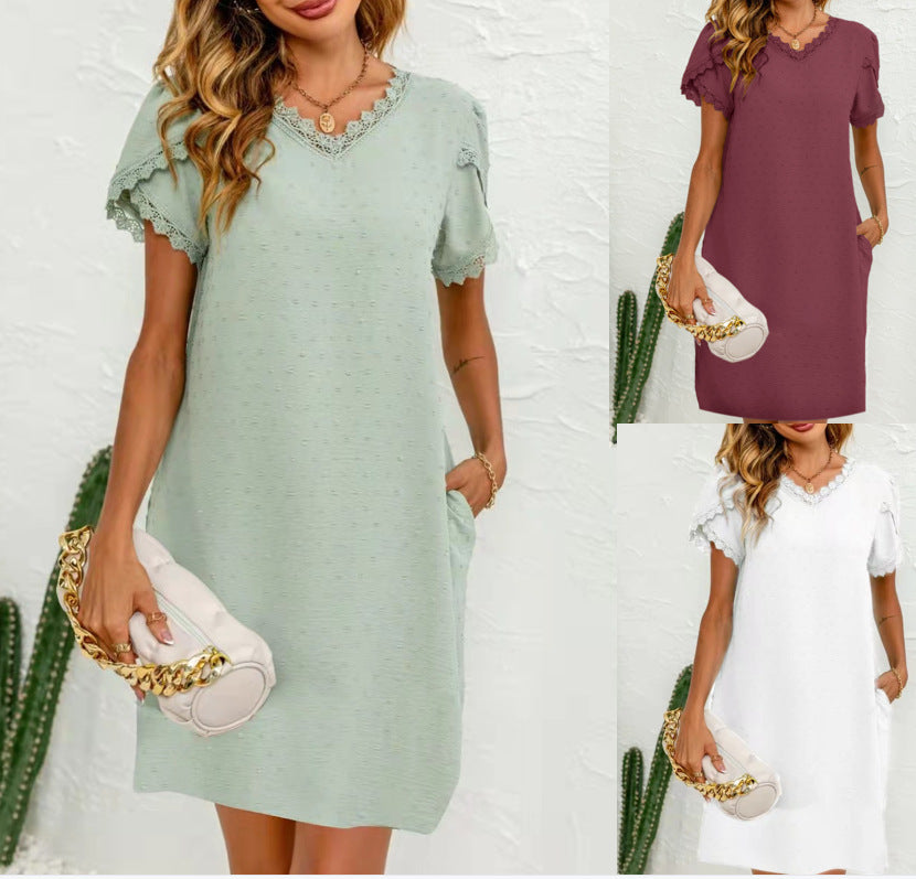 V-neck T-shirt Lace Petal Sleeve Pocket Dress