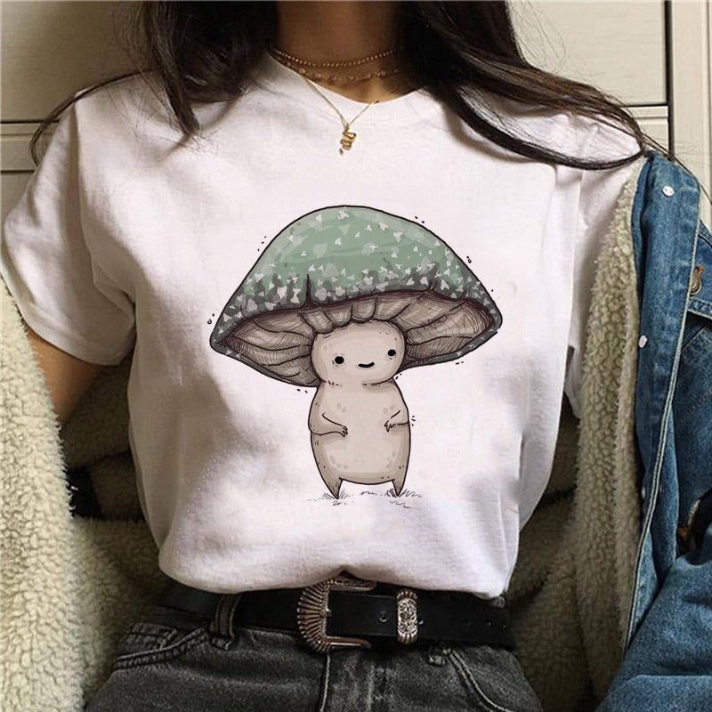 Cartoon Cat Mushroom Halloween Print T-shirt Short Sleeve