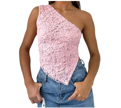 Summer Lace Backless Top for Women Asymmetrical Sloped Neck Vest