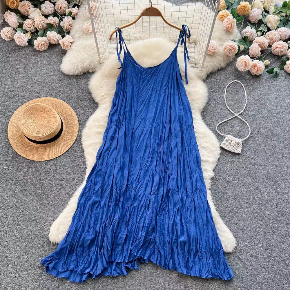 Spring And Summer Beach Pleated Suspender Dress Mid-length