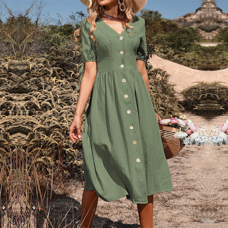 Summer Dress Short Sleeve V-neck Commuter Dress in Solid Color