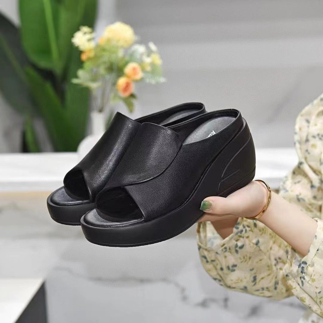 New Real Soft Leather Wedge Sandals Women's Summer