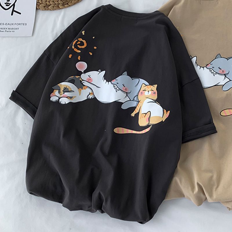 Men's Loose Casual Cat Printing Cotton Short-sleeved T-shirt