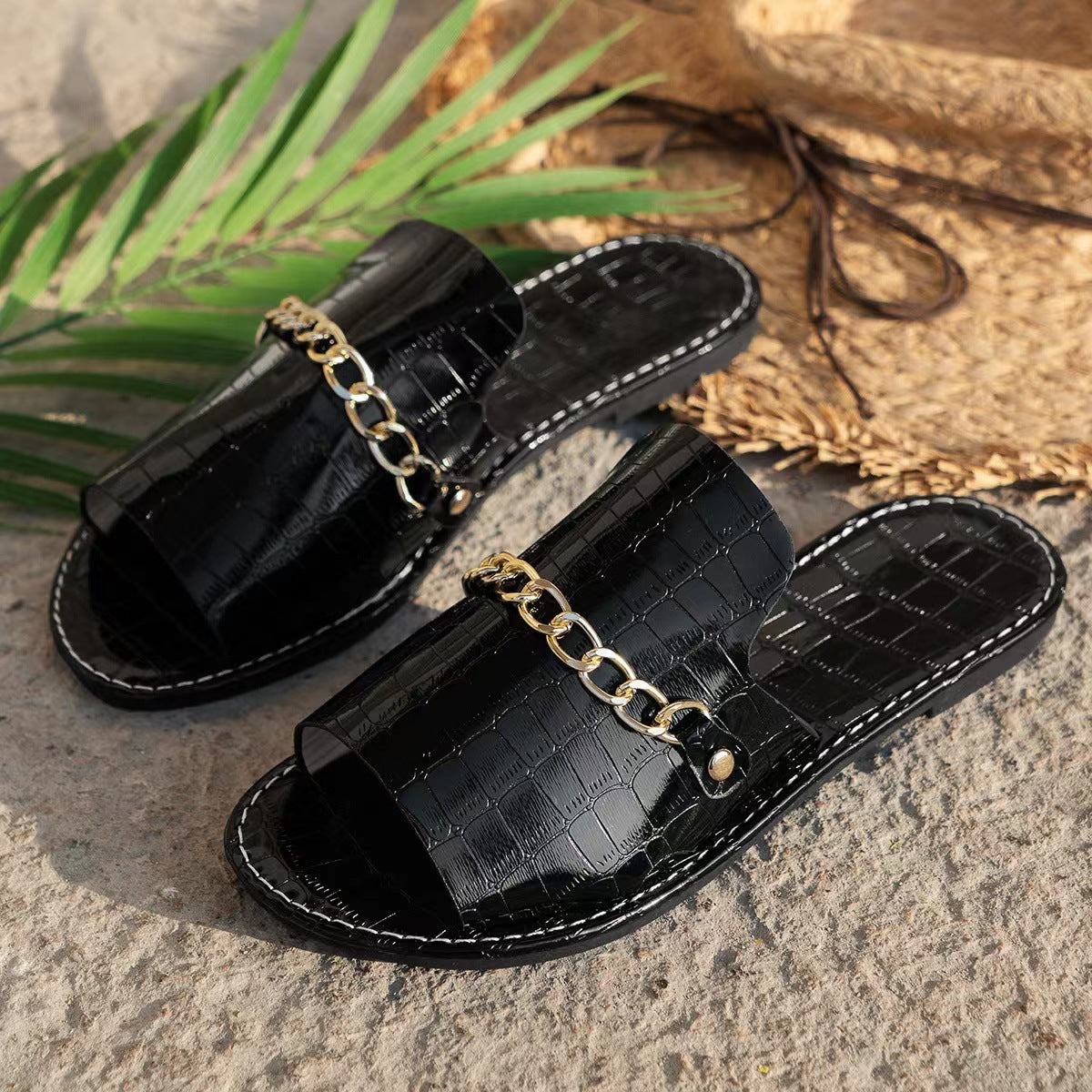 Summer Fish Mouth Flat Slides Shoes with Pattern Chains for Women