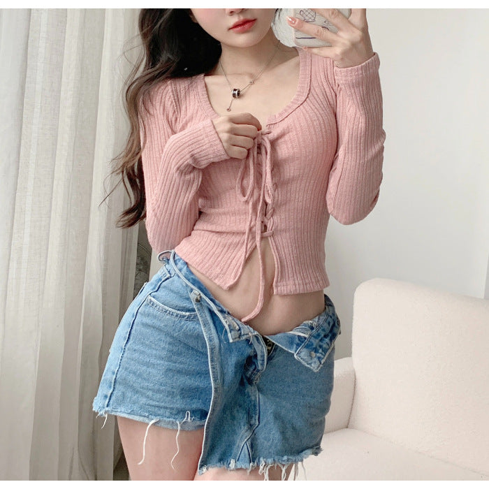 Women's U-neck Lace-up Cardigan Low Collar Long Sleeves T-shirt