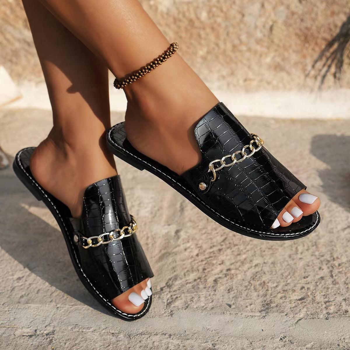 Summer Fish Mouth Flat Slides Shoes with Pattern Chains for Women