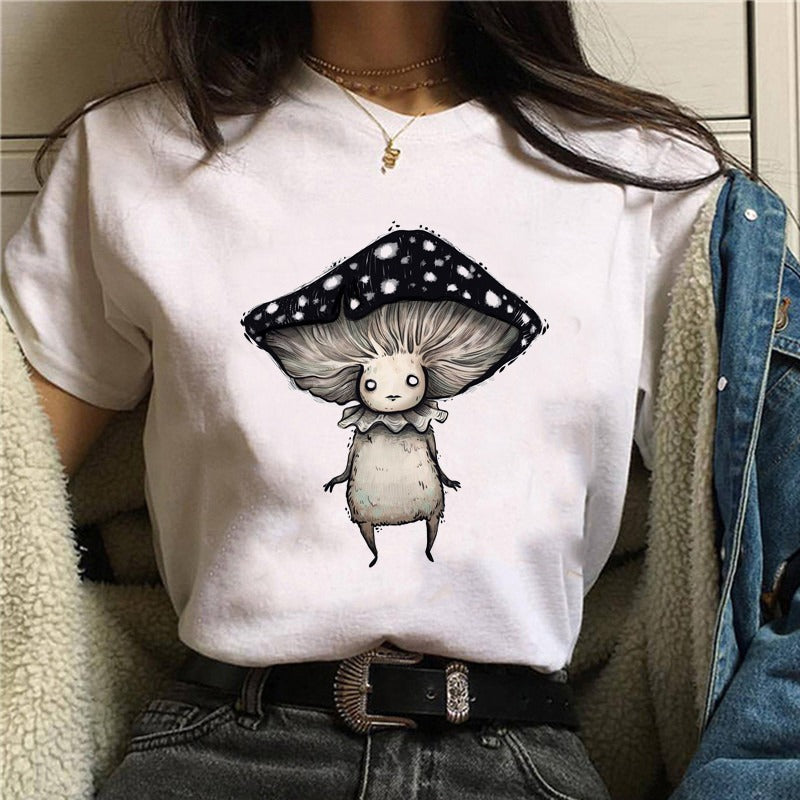 Cartoon Cat Mushroom Halloween Print T-shirt Short Sleeve