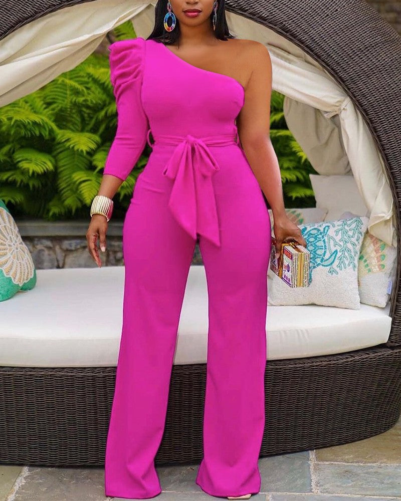 Solid Color Stitching Slant Shoulder Waist One-piece Wide-leg Pants