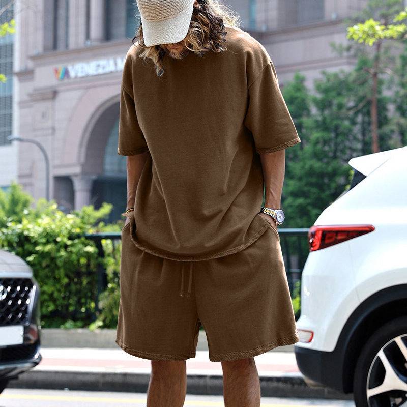 2pcs Loose Sports Suits Summer Round Neck Short-sleeved T-shirt And Drawstring Pockets Shorts