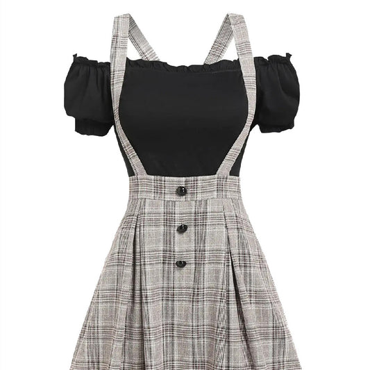 Mid-waist Check Overall Dress Pure Color Cotton T-shirt