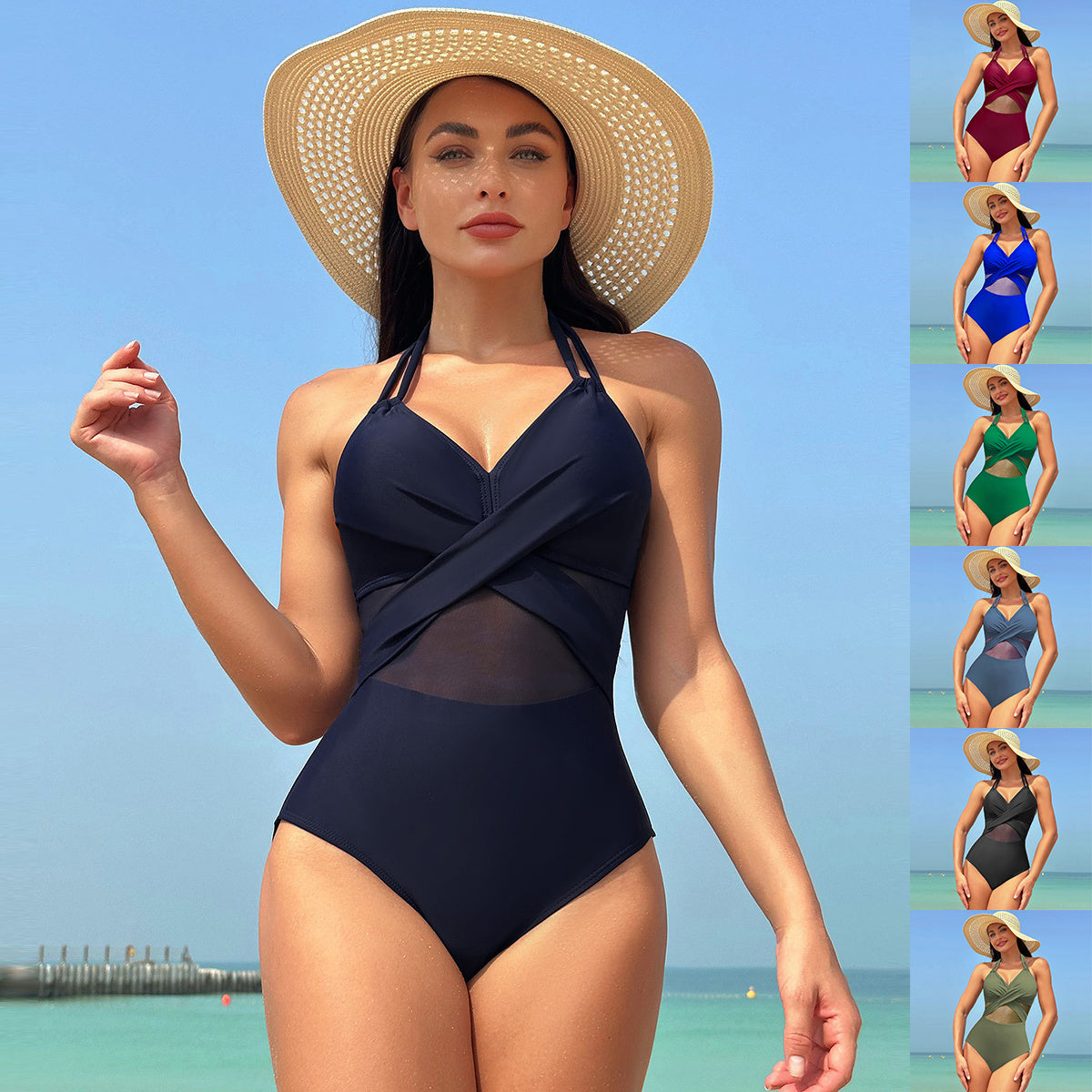 Elegant Cross-strap Solid Color One-piece Halter-neck Swimsuit