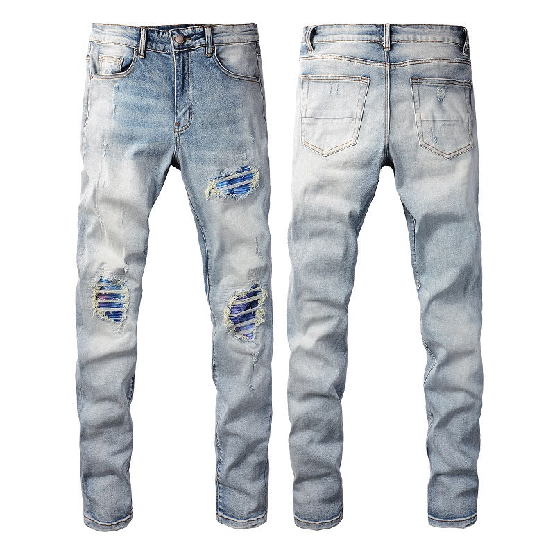 Washed Bright White Distressed Cat Beard Patch Ripped Stretch Slim Jeans