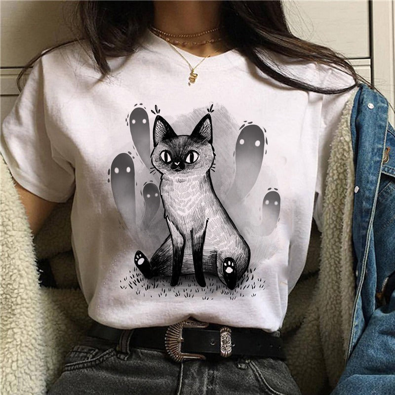 Cartoon Cat Mushroom Halloween Print T-shirt Short Sleeve