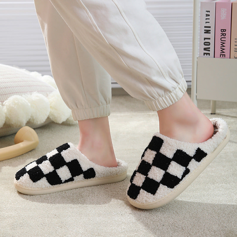 Comfortable Home Chessboard Grid Warm Winter Cotton Slippers