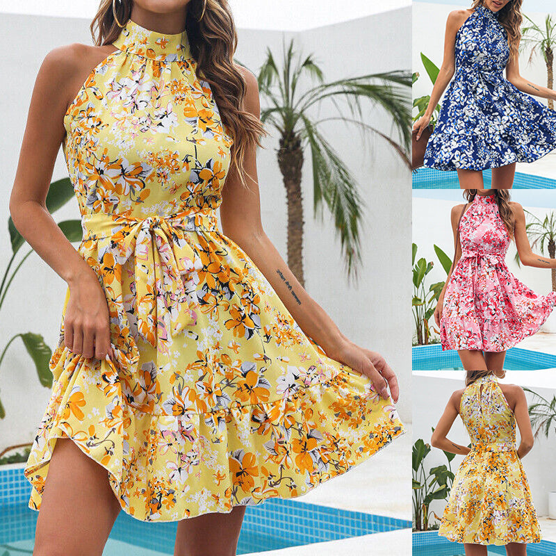 New Halter neck Dress with Floral Print for Summer Fashion