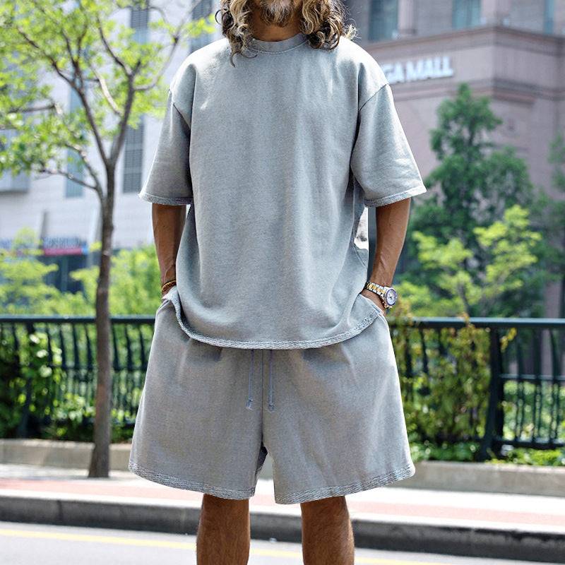 2pcs Loose Sports Suits Summer Round Neck Short-sleeved T-shirt And Drawstring Pockets Shorts