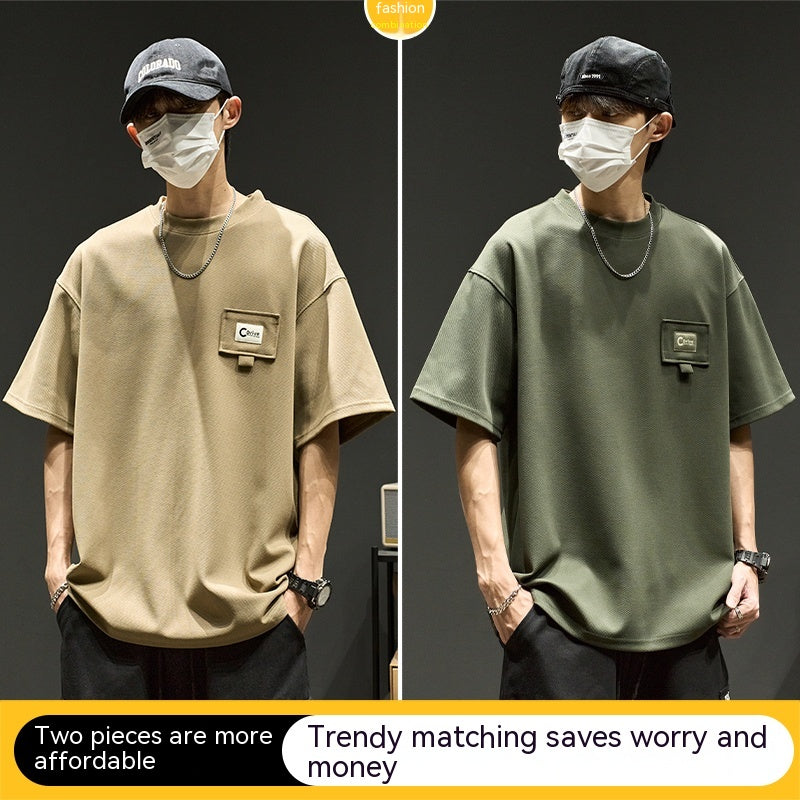 Waffle Short Sleeve Men Clothing Summer American Style