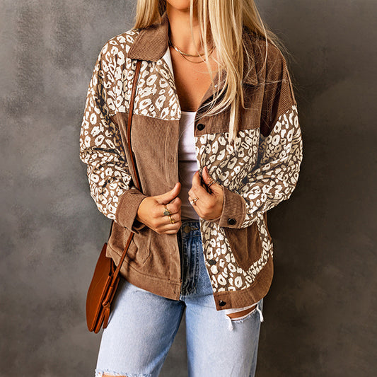 Women's Corduroy Jacket Leopard Splicing Jacket