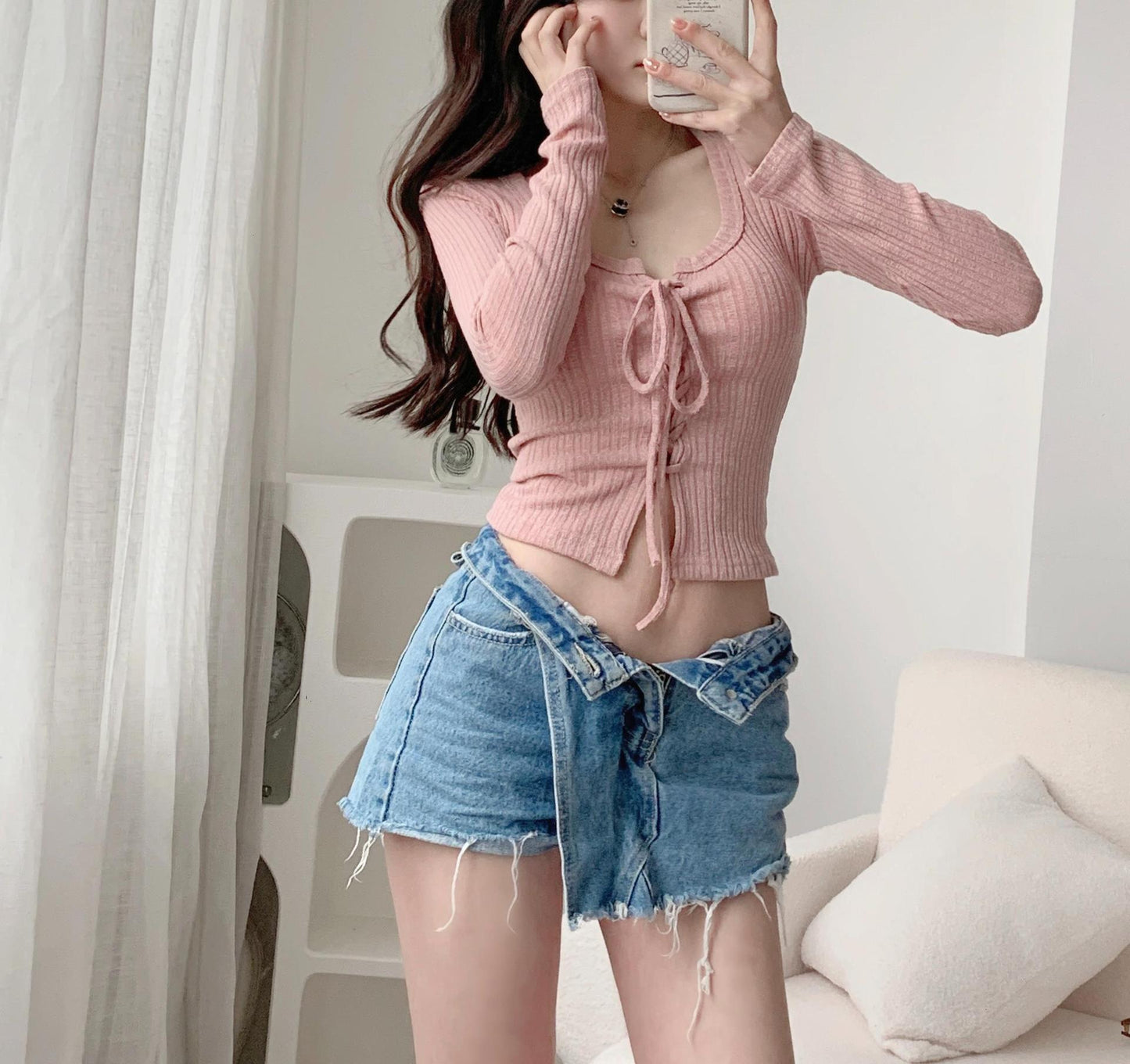 Women's U-neck Lace-up Cardigan Low Collar Long Sleeves T-shirt