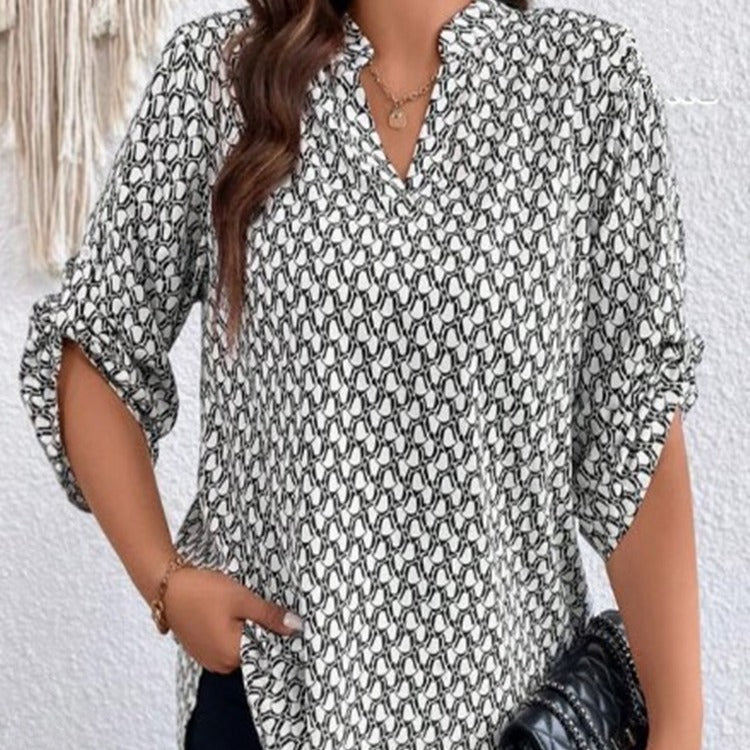 Women's Shirt V-neck Long Sleeve Temperament Printed Slimming Top