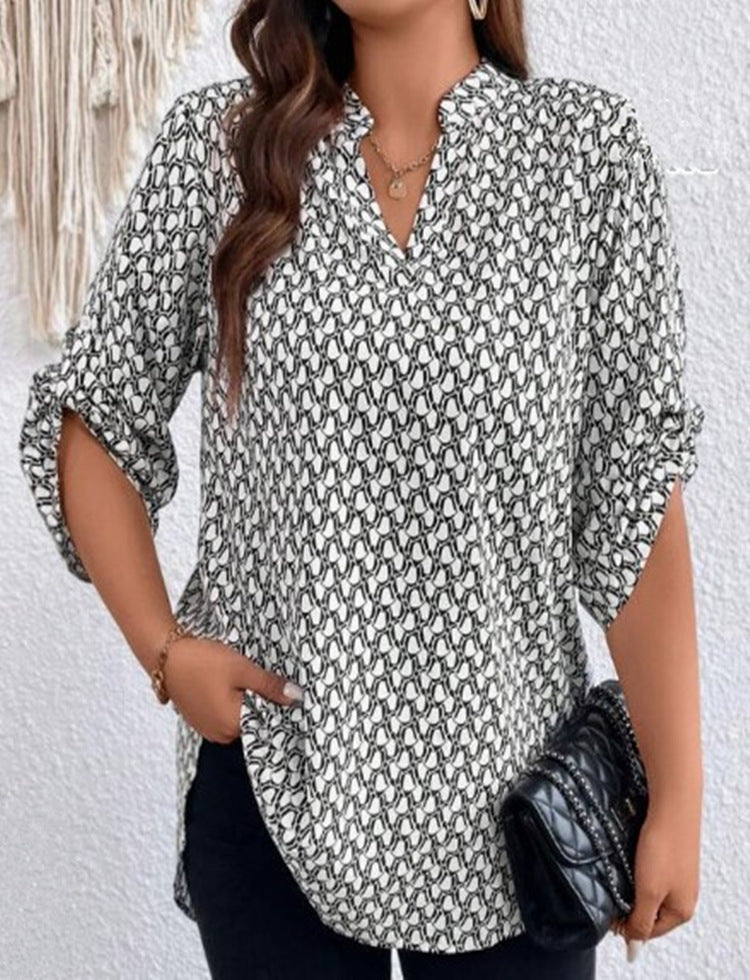 Women's Shirt V-neck Long Sleeve Temperament Printed Slimming Top